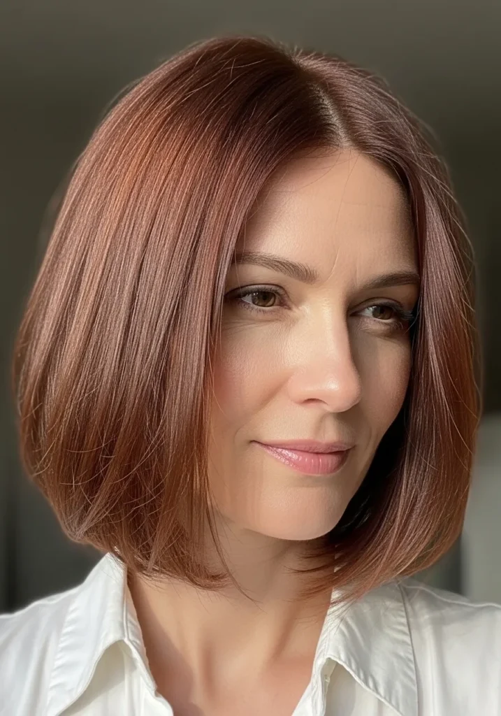 Straight copper bob with a blunt cut and smooth glossy finish.