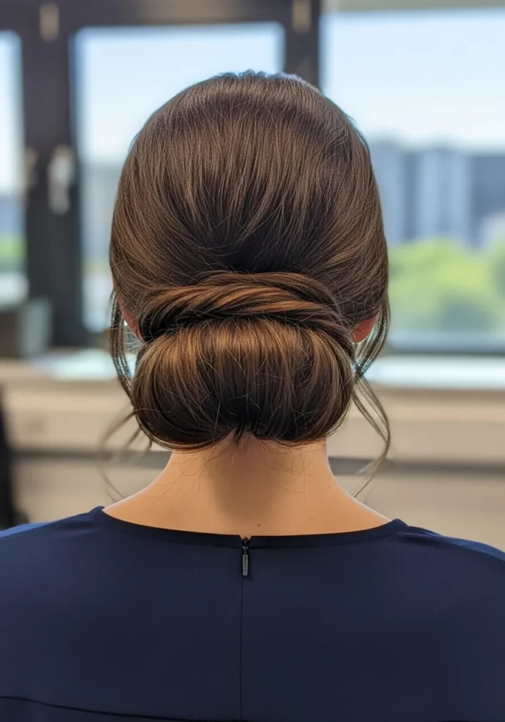 Smooth low bun hairstyle viewed from the back with a clean polished finish.