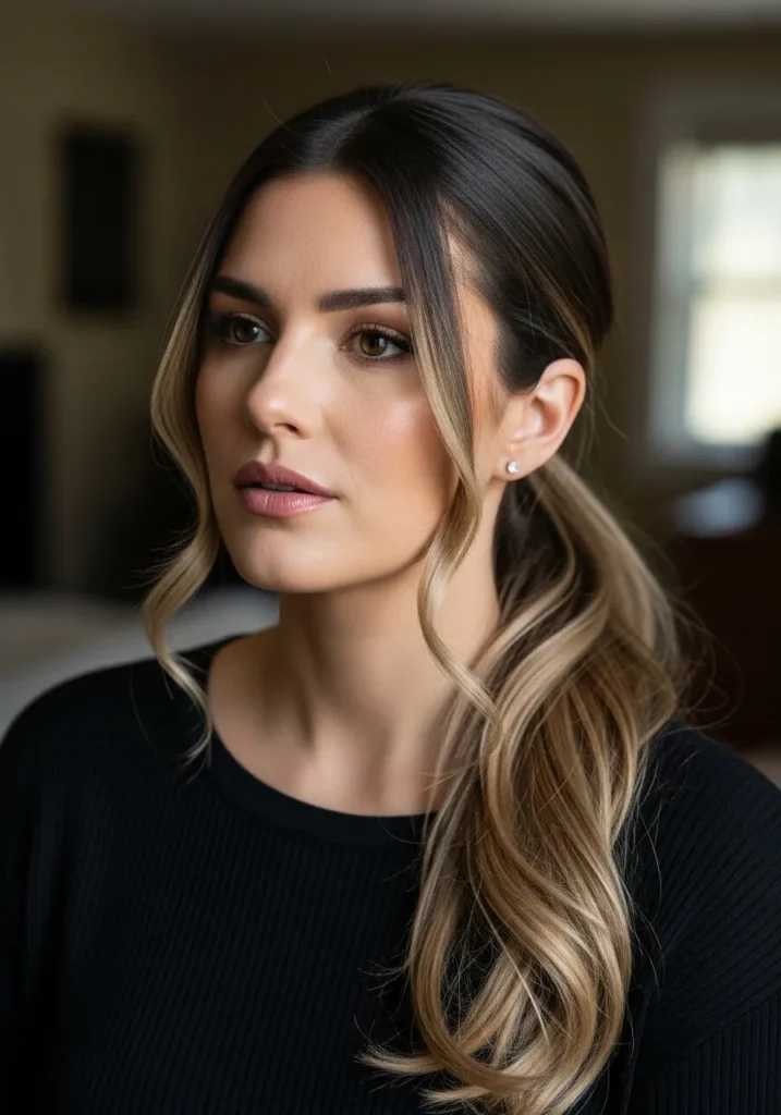 Low ponytail with soft wavy face framing strands and subtle balayage tones.
