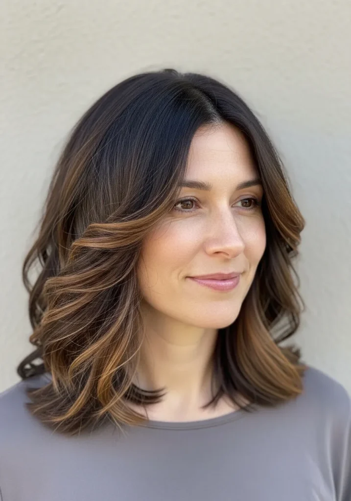 Medium length layered brown hair with soft volume and subtle highlights.
