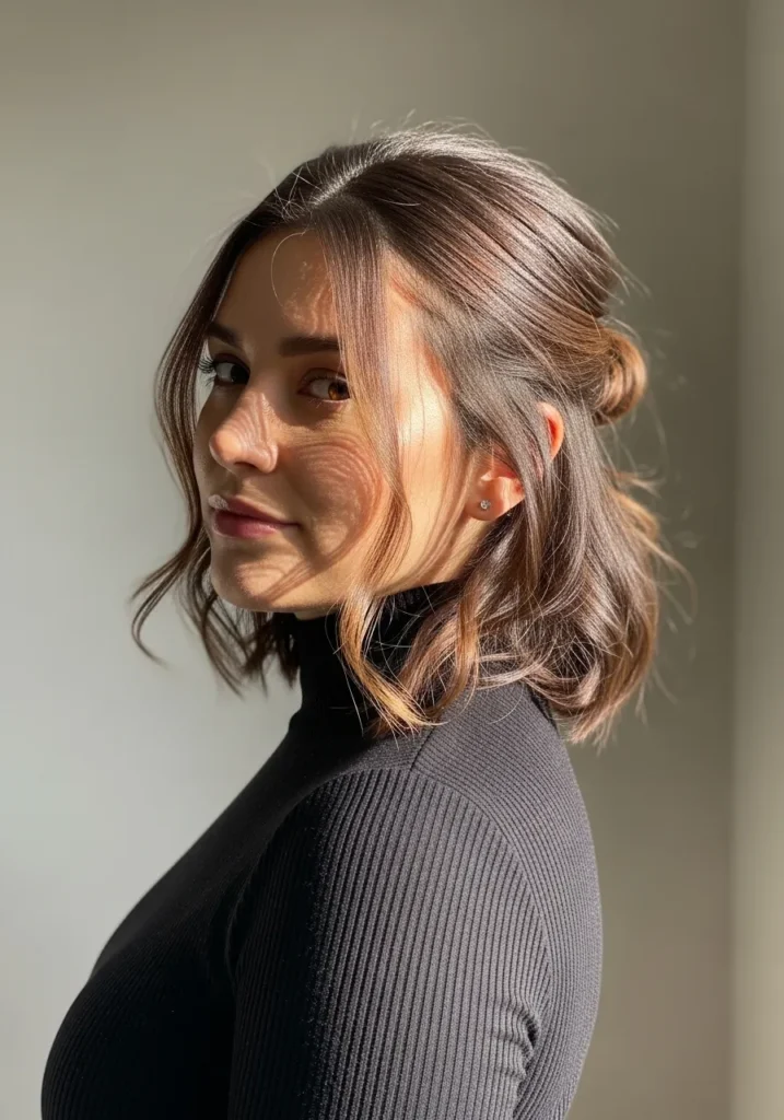 Wavy shoulder length lob styled in a half up twist with soft texture.