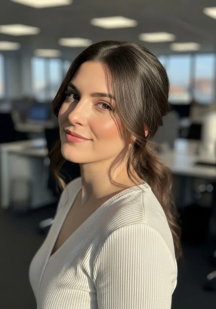 Loose low ponytail with soft face framing strands and a natural finish.