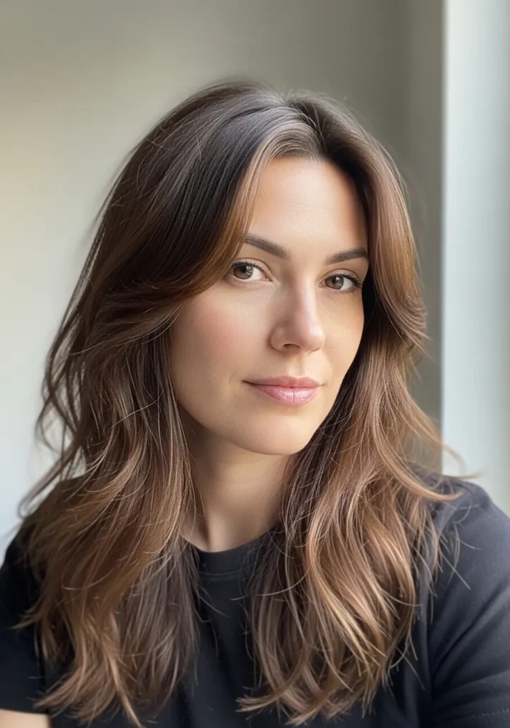 Long brunette hair with soft layers and loose natural waves around the shoulders.
