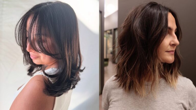 Shoulder length layered haircut with soft waves and face framing pieces, shown in both smooth and slightly tousled finishes.