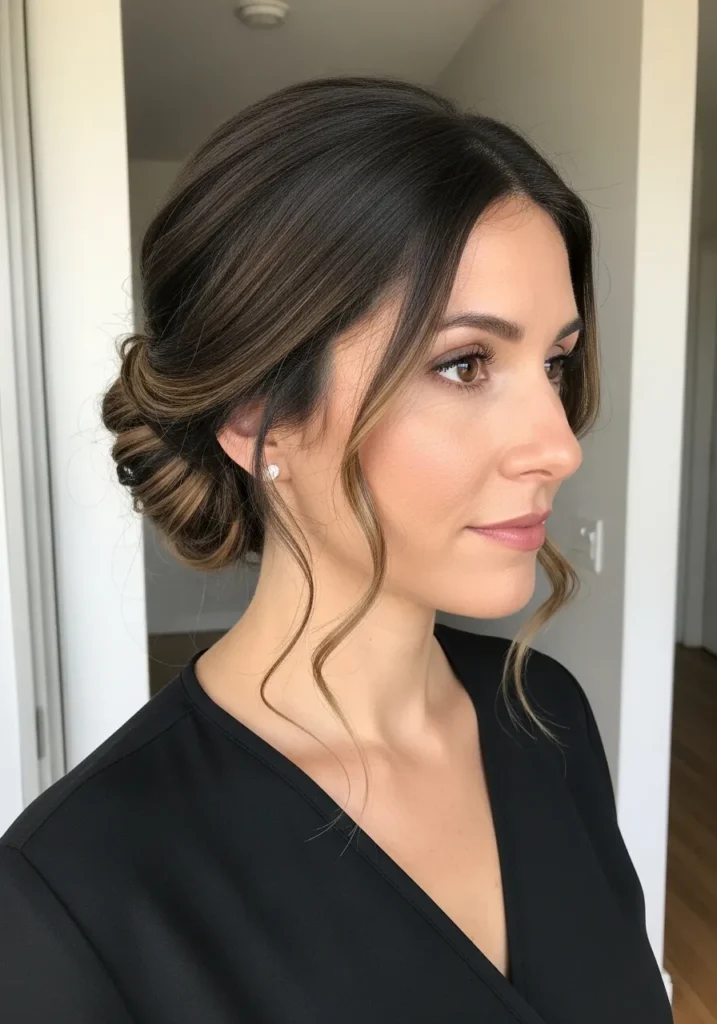 Low twisted bun with soft face framing strands and a natural finish.