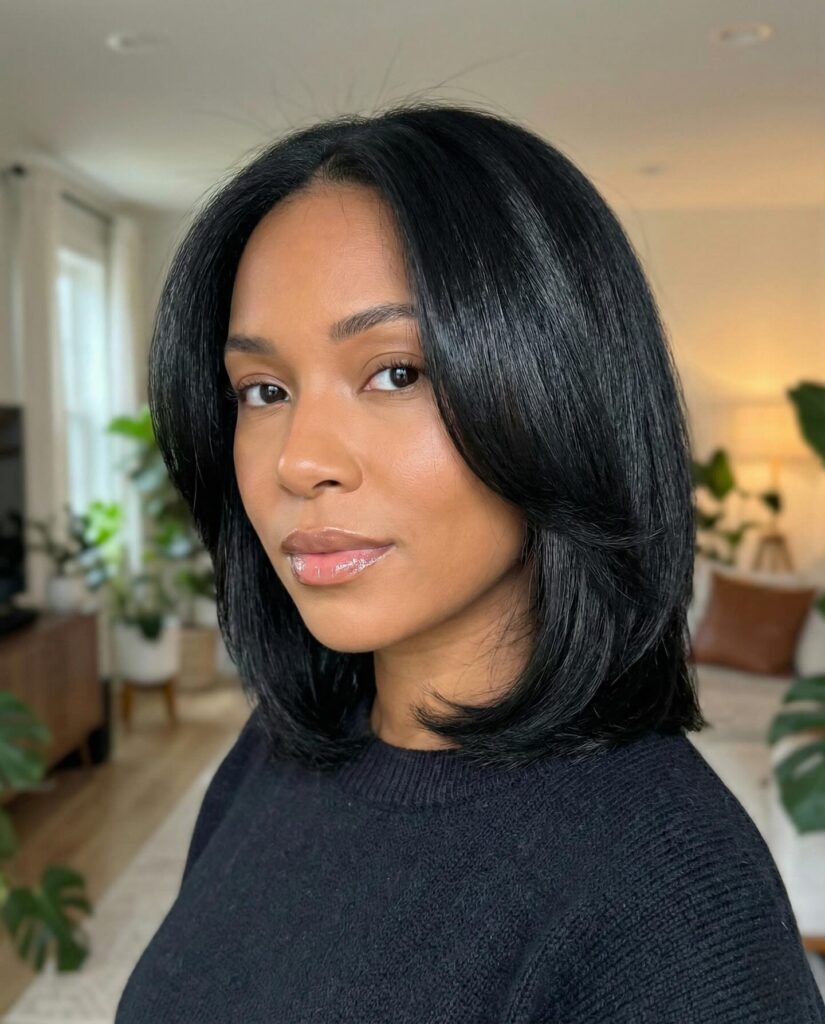 Straight shoulder length black hair with a center part and smooth blowout finish.