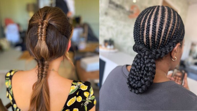 A side-by-side comparison displays two chic braided hairstyles, featuring a unique brunette ponytail with hair-wrapped segmented sections on the left and neat, intricate cornrows gathered into a thick braided low bun on the right.
