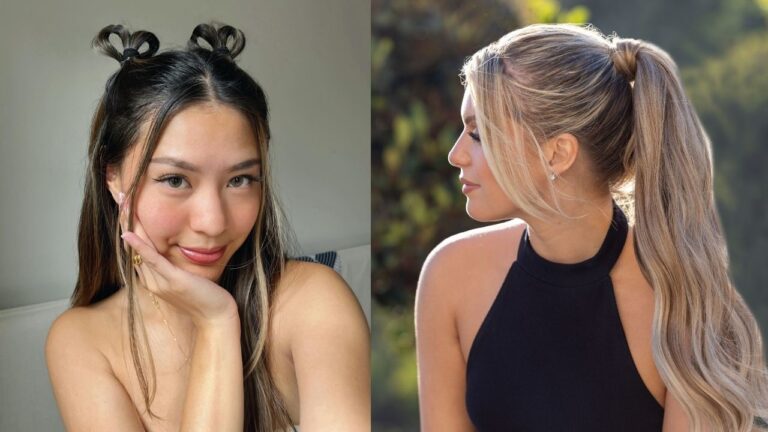 23 Easy Everyday Hairstyles for Low Effort Days "A split image showing two easy everyday hairstyles: a half-up hair bow style on long dark hair with highlights on the left, and a sleek high ponytail with voluminous wavy ends on blonde hair on the right."