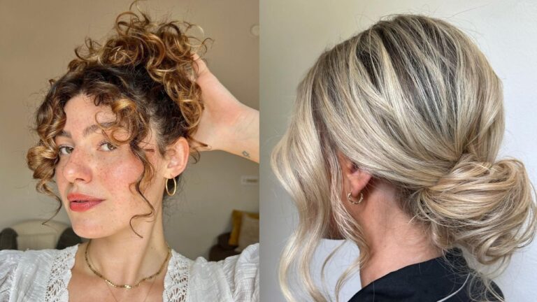 A split image showing two summer updo hairstyles: on the left, a woman with auburn curly hair loosely gathered on top with curly tendrils framing her face, and on the right, a close-up of a sleek low chignon with soft blonde highlighted waves swept neatly at the nape of the neck.