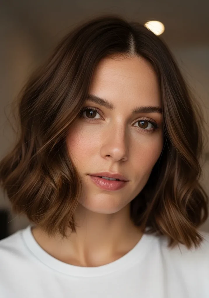 Short brunette wavy bob with soft even waves and a natural shine.