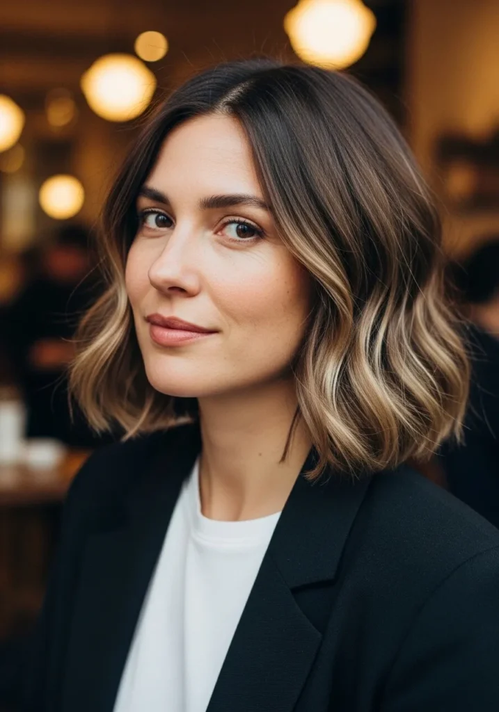 Short wavy bob with soft highlights and gentle movement.