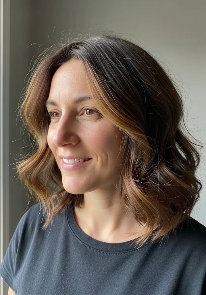 Shoulder length brown wavy hair with soft natural movement and light layers.