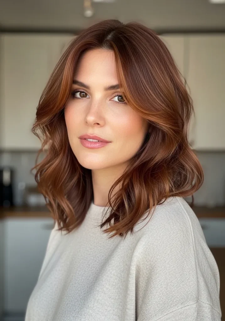 Medium length auburn wavy hair with soft layers and natural volume.