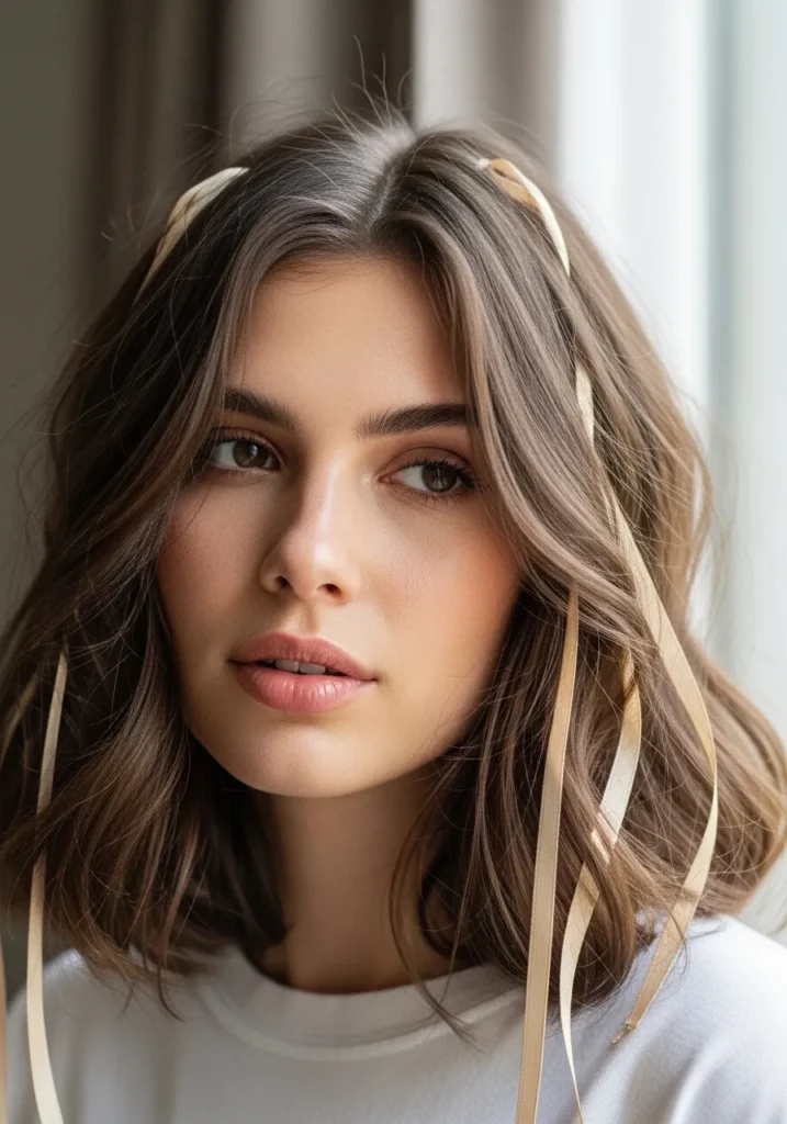 Shoulder length wavy lob with soft brunette tones and face framing highlights.