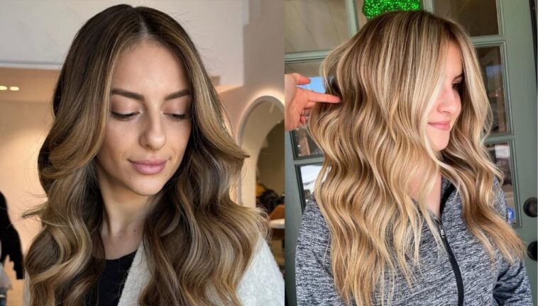 23 Effortless Everyday Wavy Hairstyles That Always Look Good Two women with long wavy hairstyles, one with soft brunette waves and the other with loose blonde waves with natural dimension.