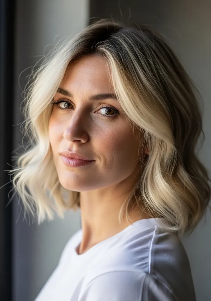 Short blonde wavy bob with soft controlled waves and a clean finish.