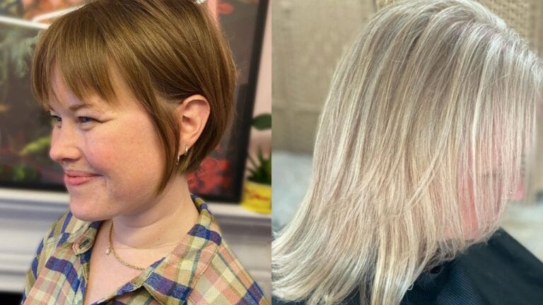 Short Hairstyles for Fine Hair That Stay Easy to Maintain Two women showcase effortless short hairstyles for fine hair, featuring a sleek brownish-blonde bob with wispy fringe on the left and a layered platinum blonde cut with soft texture on the right.