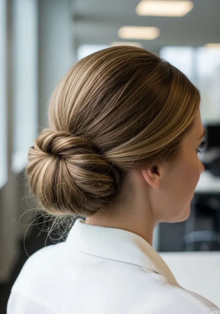 Blonde hair styled into a rolled low bun with soft volume at the crown.