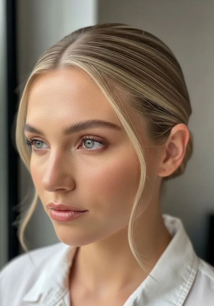 Blonde hair styled into a low bun with soft face framing strands.