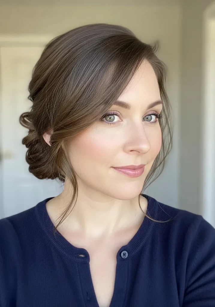 Brown hair styled into a side swept low bun with soft volume and smooth texture.