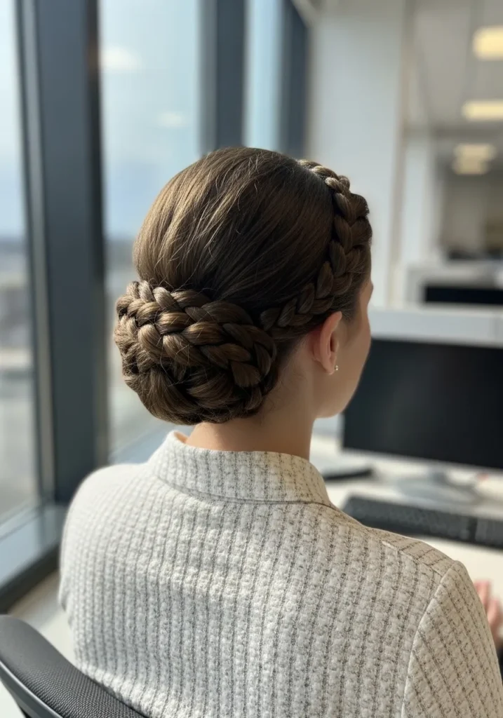 Brown hair styled with a braided crown leading into a low bun at the back.