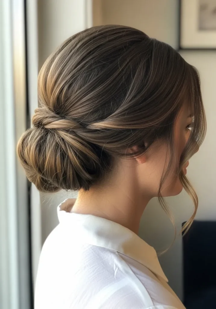 Brown hair styled into a soft twisted low bun with loose face framing strands.