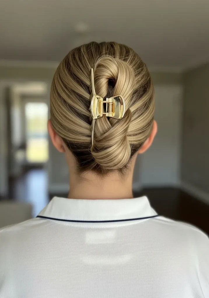 Blonde hair styled into a French twist secured with a claw clip at the back.