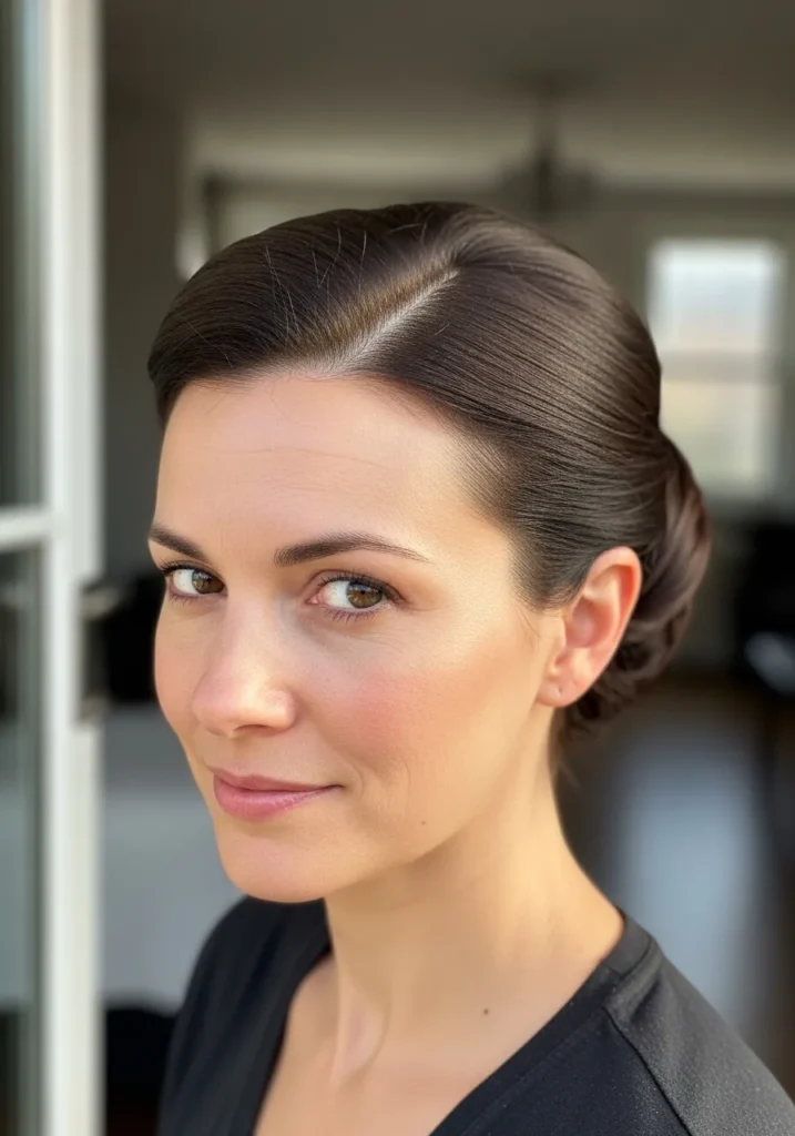 Dark brown hair styled into a sleek low bun with a defined side part.