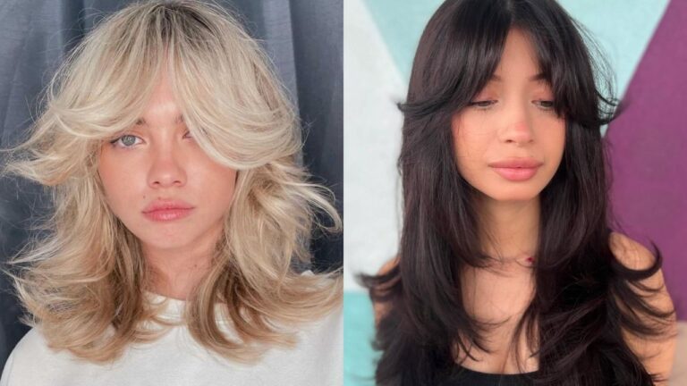 Flattering Feathered Bangs That Frame the Face Beautifully A side-by-side comparison displays two hairstyles with feathered bangs, featuring a voluminous, shaggy blonde cut with curtain fringe on the left and a sleek, long brunette layered style with face-framing feathered bangs on the right.
