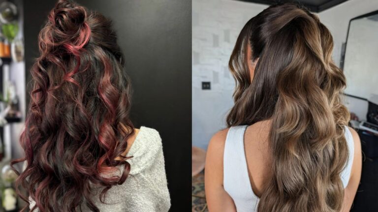 23 Modern Curly Hairstyles For Long Hair That Feel Current Long wavy hair styled in two variations with a half up twist featuring subtle red highlights on one side and soft blended brunette waves on the other.