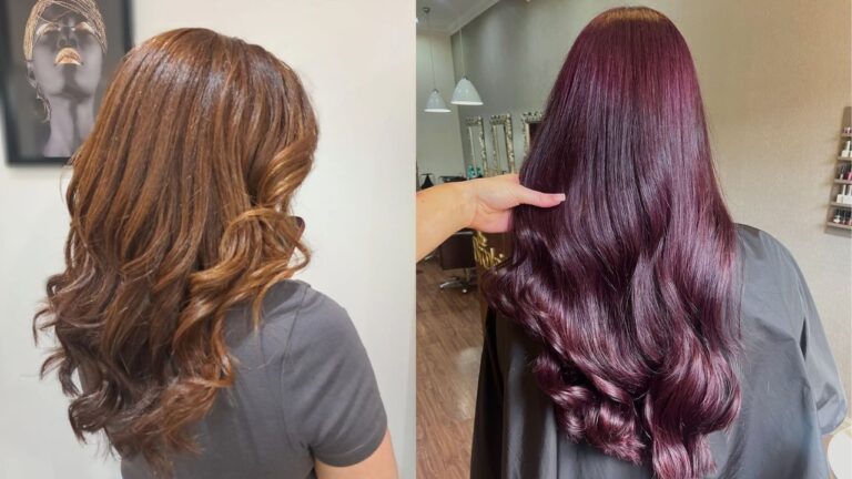 Long layered hair with soft loose curls shown in warm brown and deep burgundy tones with a smooth glossy finish.