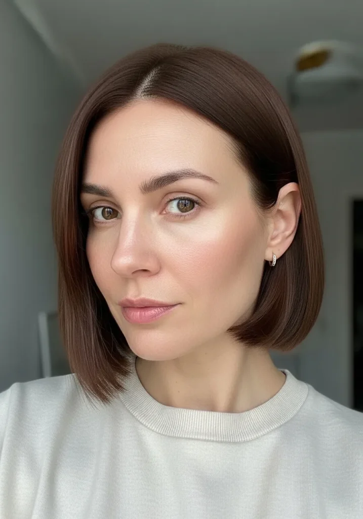 Chin length sleek bob haircut with a side part and softly tucked ends.