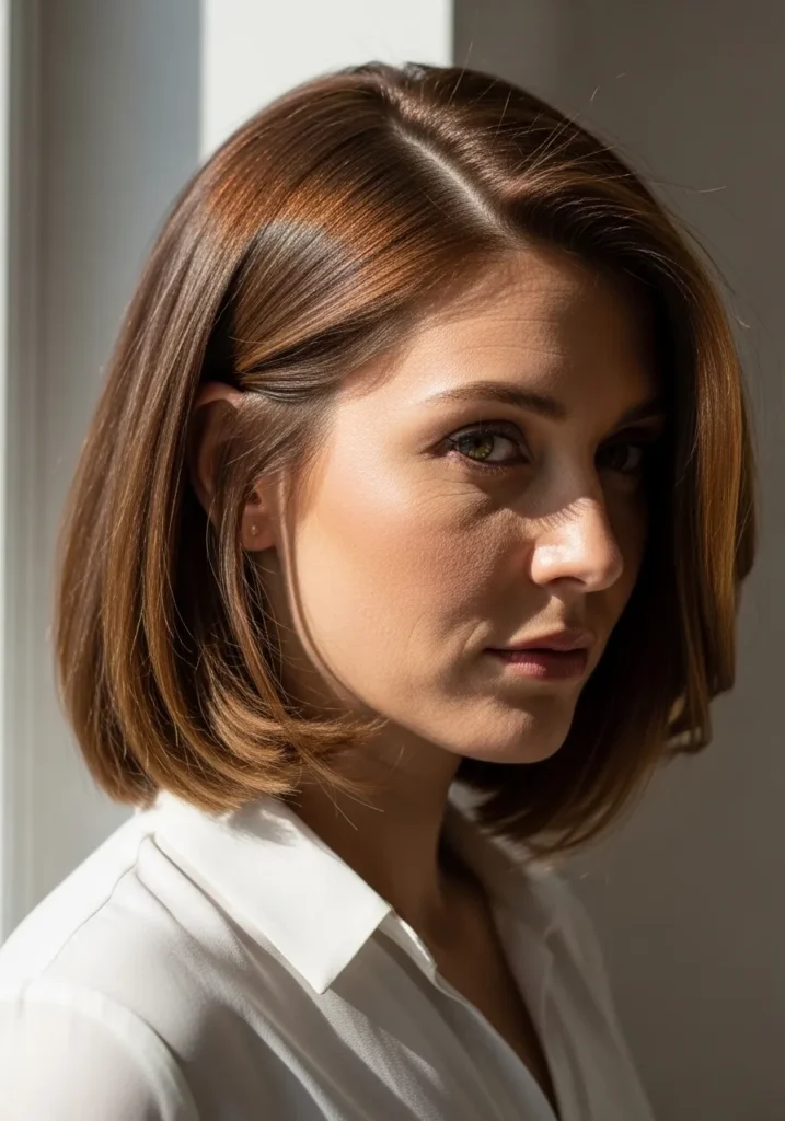 Rounded chin length bob with a side swept front and soft curved ends.