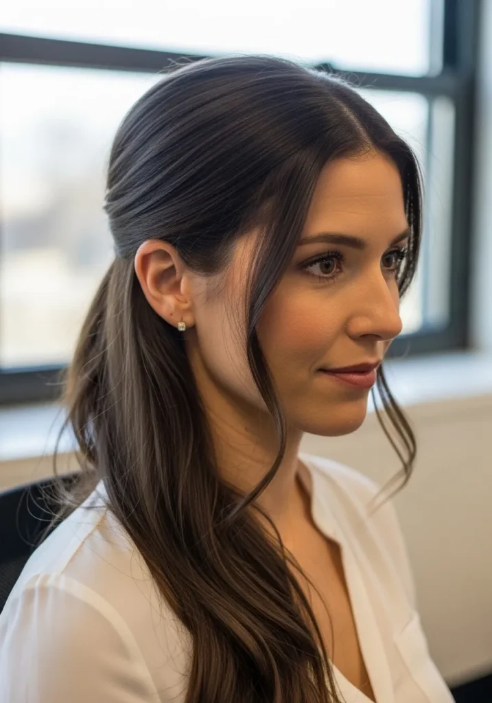 Long wavy hair styled in a low half up ponytail with soft flowing waves.