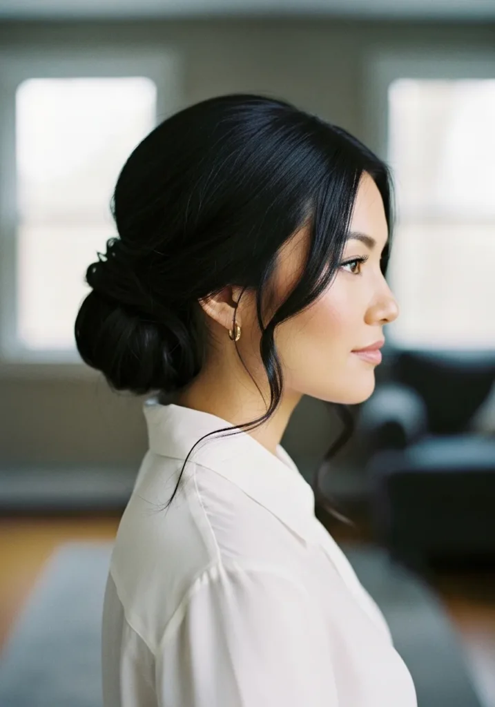 Low chignon hairstyle with softly framed face and neatly gathered hair at the nape.