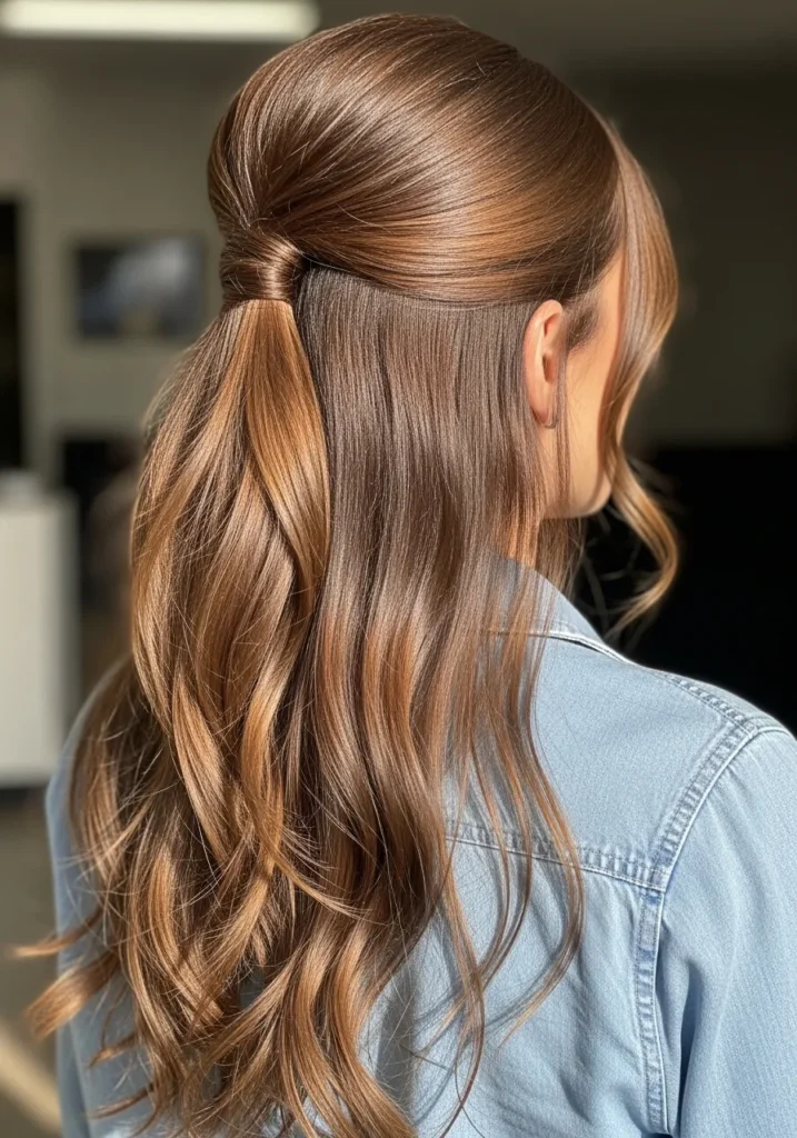 Half up ponytail with long loose waves and added volume at the crown.