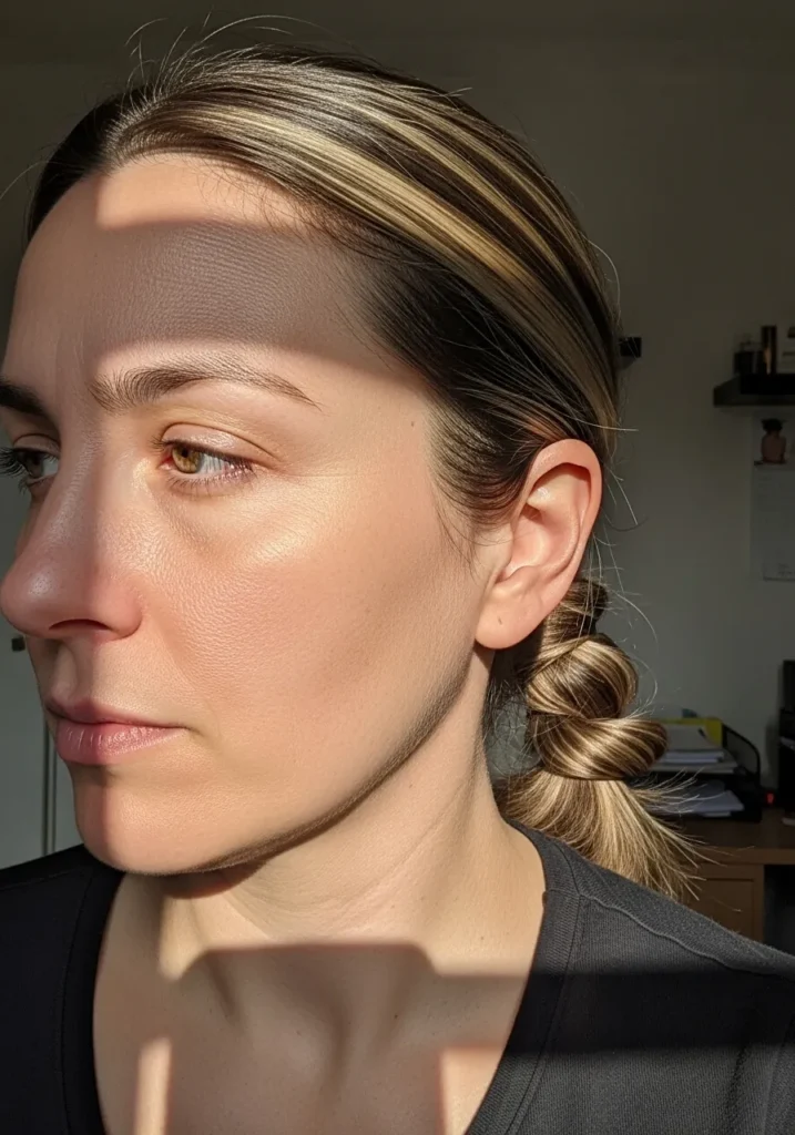 Center parted hair pulled into a sleek low bun with a smooth finish.