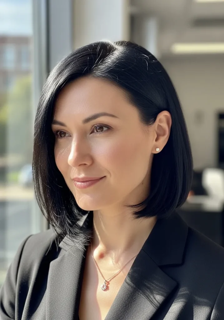 Straight shoulder length lob with a deep side part and polished finish.