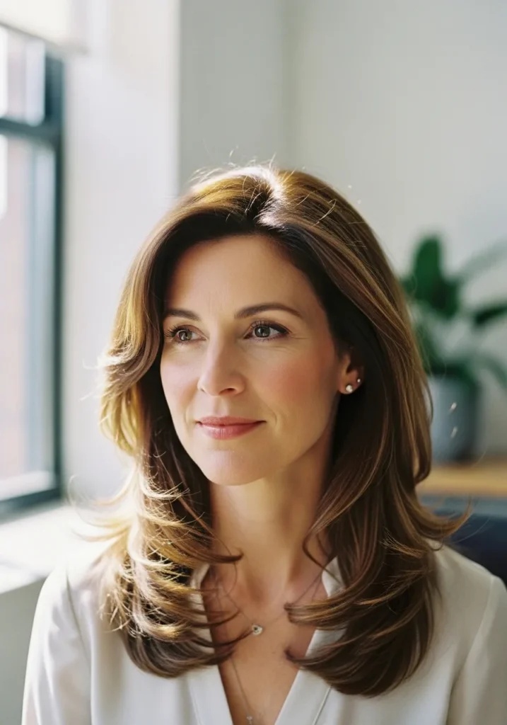 Layered medium to long hair styled in a soft voluminous blowout with curved ends.