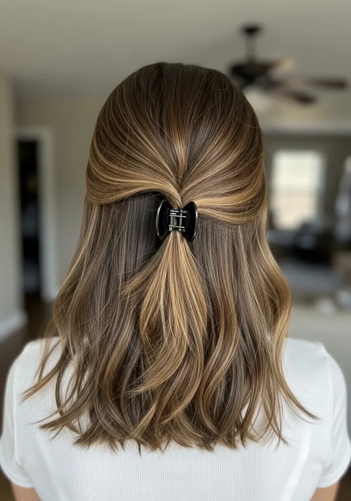 Medium length wavy hair styled half up with a claw clip and soft natural movement.