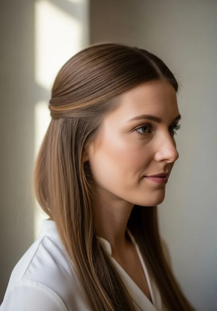 Long straight hair styled in a sleek half up look with smooth lengths and pinned back top section.