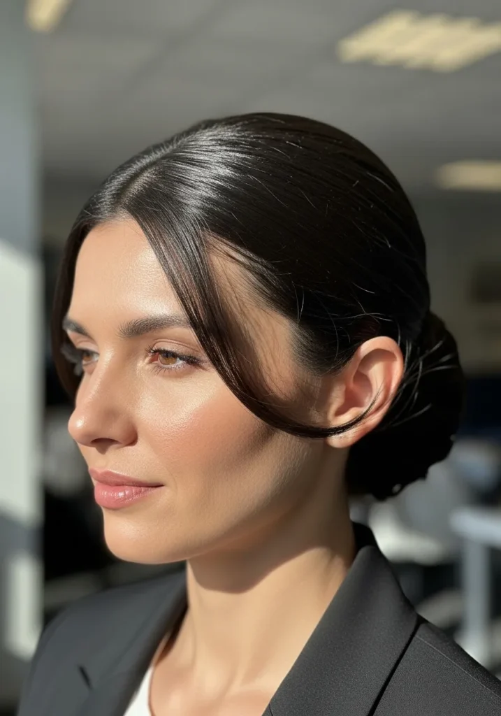 Low sleek bun with soft face framing strands and smooth pulled back hair.