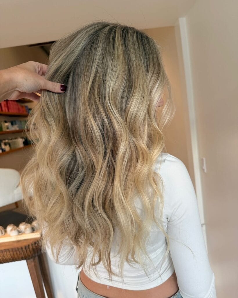 Long beige blonde hair with soft loose waves and a natural blended root.