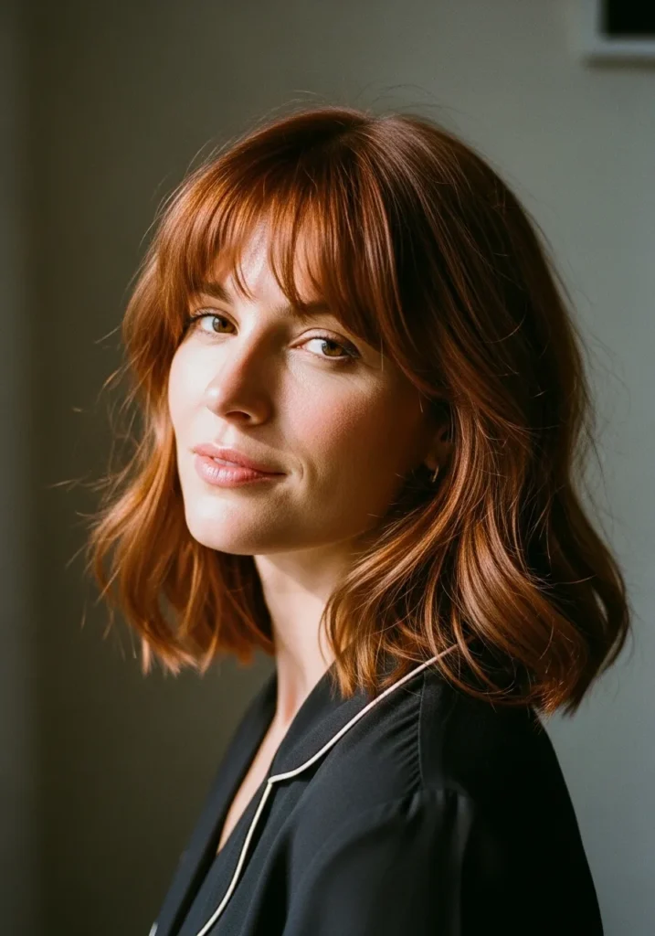 Shoulder length auburn wavy hair with soft wispy bangs and natural movement.