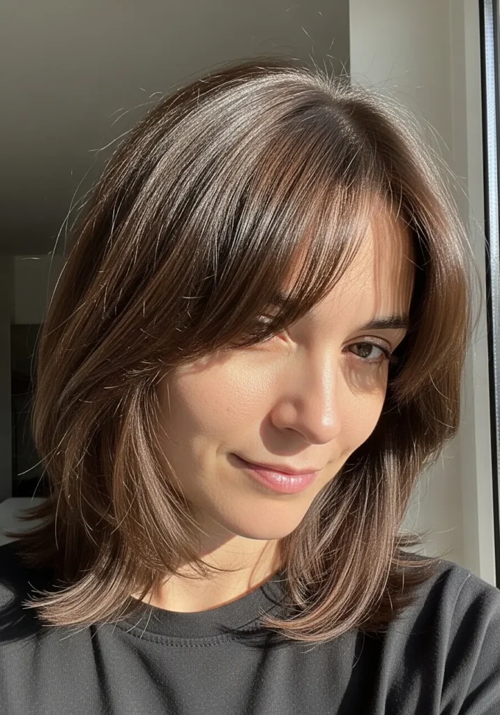 Shoulder length straight brown hair with curtain bangs and a sleek finish.