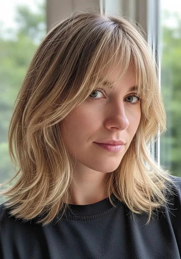 Shoulder length blonde layered hair with airy bangs and soft natural texture.