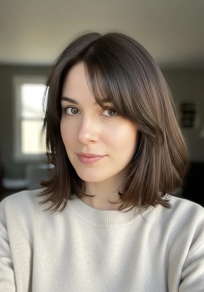 Shoulder length straight brunette hair with curtain bangs and a sleek finish.