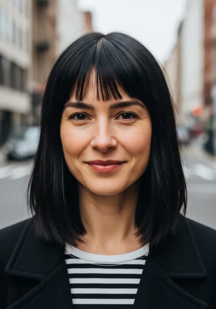 Shoulder length straight black bob with blunt bangs and a sleek finish.
