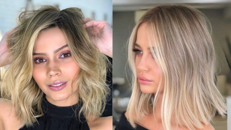 A long bob (lob) hairstyle featuring sandy blonde balayage with darker roots, shown in two variations — one with tousled, beachy waves and one with sleek, straight styling — both falling just past the shoulders.