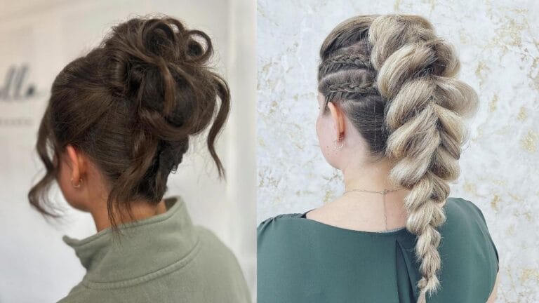 Two women demonstrate trendy school hairstyles, featuring a messy high bun with loose face-framing curls on the left and an intricate blonde pull-through braid paired with side cornrows on the right.